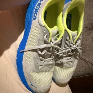 Hoka Gray and Blue Athletic Shoes with Neon Accents